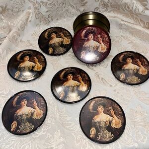 Pepsi Cola VTG 6 Metal Coaster Set Lidded Tin Victorian Gibson Girl Advertising